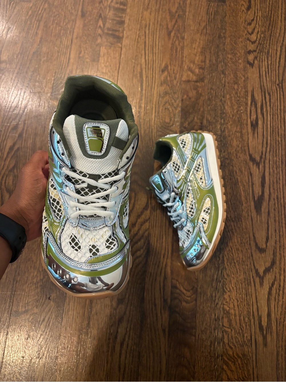 Bottega Veneta Olive Green and White Athletic Sneakers - Picture 2 of 5